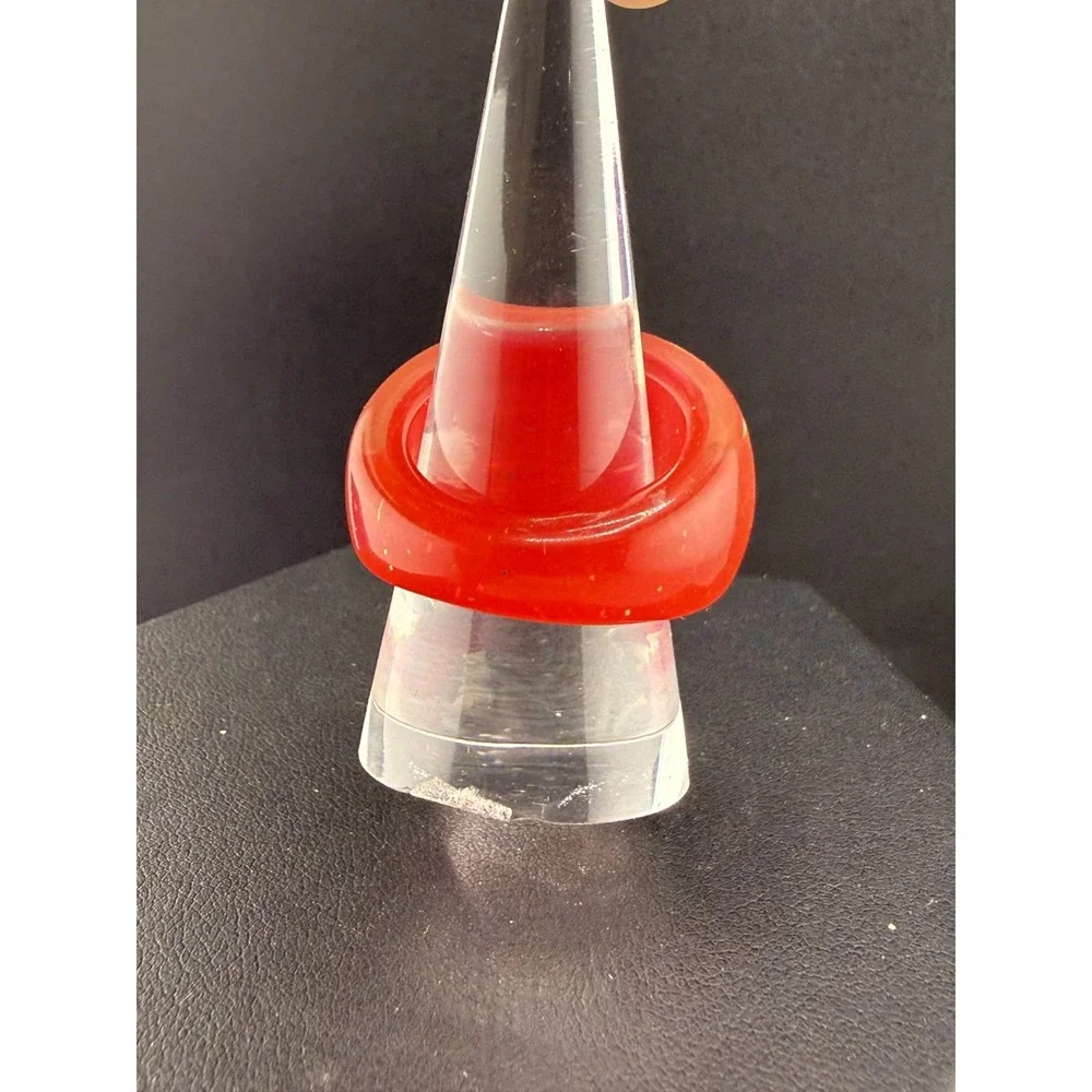 Vintage Ring Red Acrylic Gold Flake Chunky Dome Size 10
